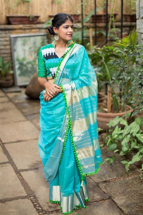 Sea green Maheshwari cotton silk saree with tissue border and pom pom edging #blouse #saree # ...