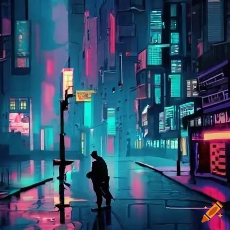 Night view of a rainy neon-lit city