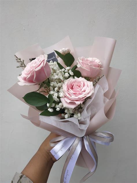 Pink Rose Flower Bouquet, mixed filler babys breath, korean style so luxury for gift someone ...