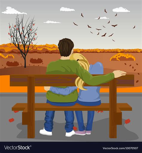 Young couple sitting together on bench outdoors Vector Image