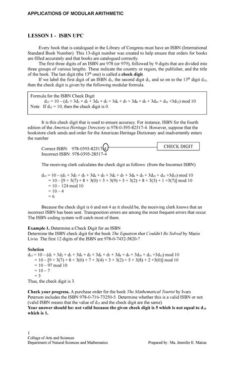 Applications of Modular Arithmetic - LESSON 1 - ISBN UPC Every book ...