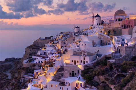sunset, sea, cityscape, bay, beach, evening, coast, town, resort, Greece, cape, dusk, Santorini ...