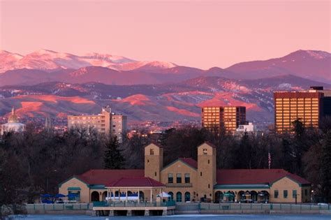 Premium Photo | Denver skyline at sunrise in the winter.