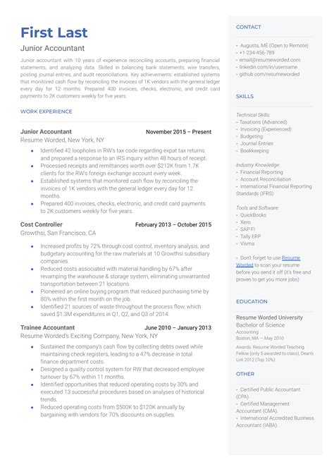 Junior Accountant Resume Example for 2023 | Resume Worded