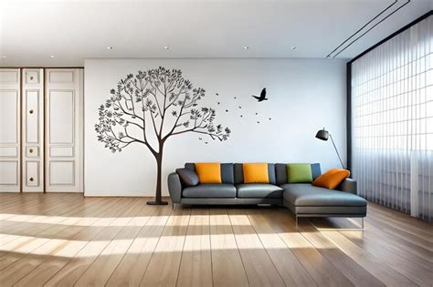 Premium Photo | A living room with a tree painted on the wall and a mural of birds on the wall.