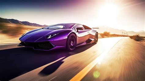 A purple Lamborghini car driving on a road