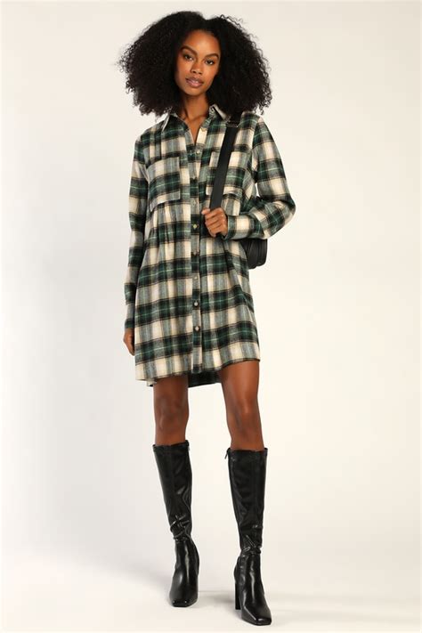 Green Plaid Dress - Shift Dress - Shirt Dress - Plaid Mini Dress - Lulus