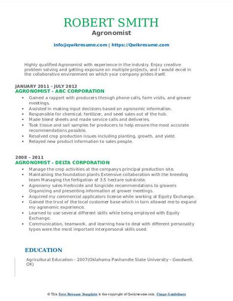 Agronomist Resume Samples | QwikResume