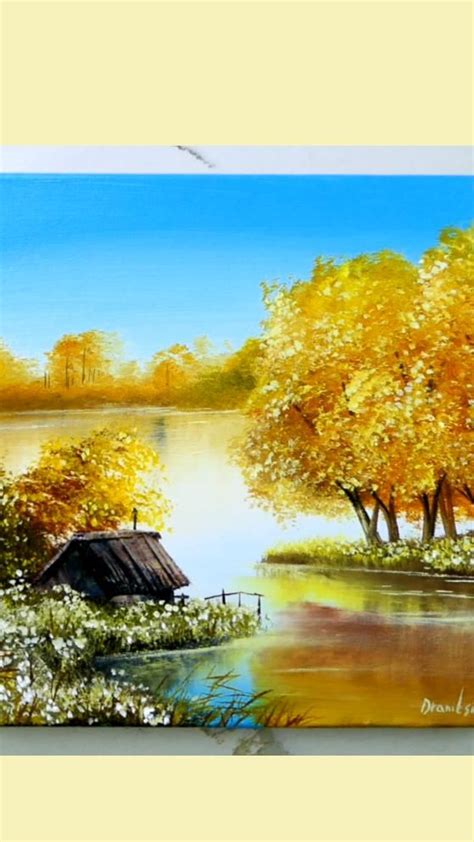 AUTUMN LAKE CABIN | Fall landscape painting, Landscape art painting, Nature art painting