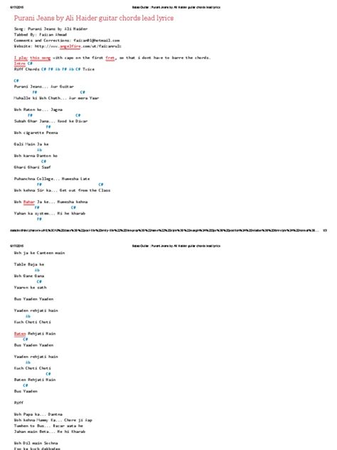 Purani Jeans by Ali Haider Guitar Chords Lead Lyrics: Angelfire I Play ...