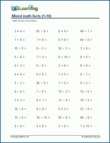 Mixed math facts (horizontal, 1-10) worksheets | K5 Learning