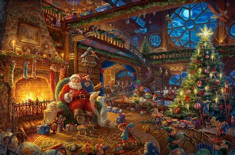 Santa's Workshop - Thomas Kinkade, christmas, decoration, artwork, fire, tree, HD wallpaper | Peakpx