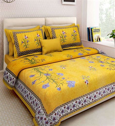 Flower Plant Design Yellow Cotton King Size Double Bed Sheet with 2 ...