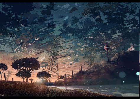 sunset, Anime, Power Lines, Utility Pole, Manga Wallpapers HD / Desktop ...