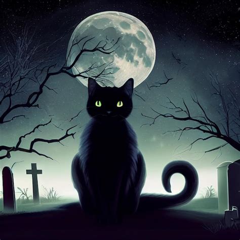 Premium Photo | Black cat in cemetery at night with a full moon ...