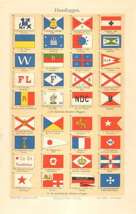 1904 MARITIME SIGNAL FLAGS Antique Lithograph, International Flags, House Flags of Shipping ...