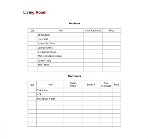 Furniture Inventory Template