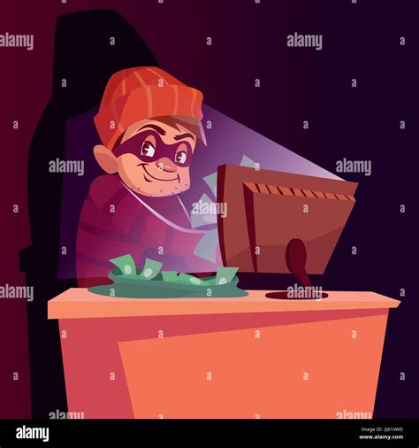 Computer scammer vector illustration of internet hacker scam. Cartoon ...