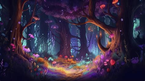 A beautiful fairytale enchanted forest at night made of glittering ...