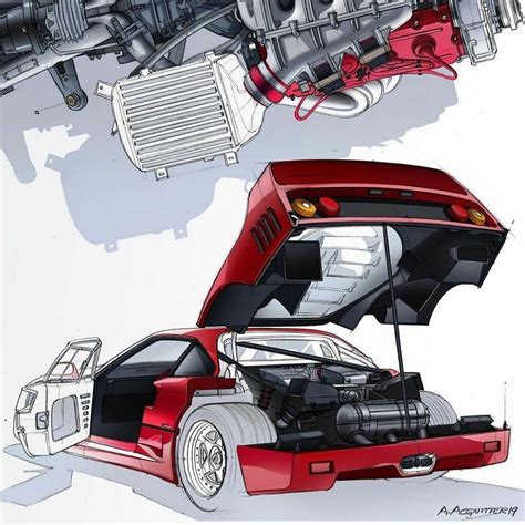 Ferrari F40 engine view sketch illustration by Adrien Acquitter # ...