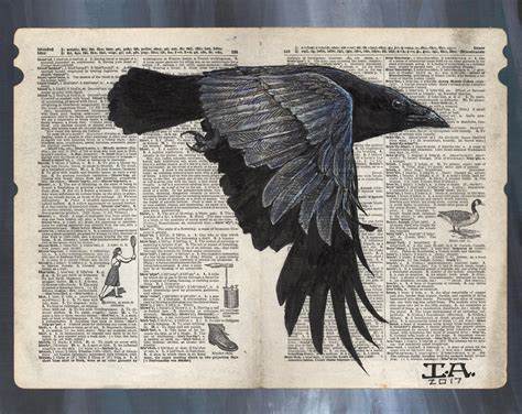 Crow in Flight Illustration on Vintage Dictionary Page Museum Quality ...