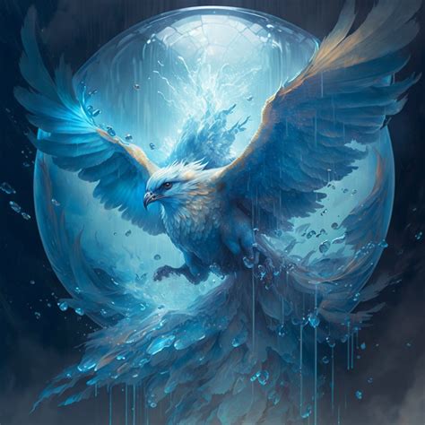 a bird flying through the air next to a light blue ball with water on it