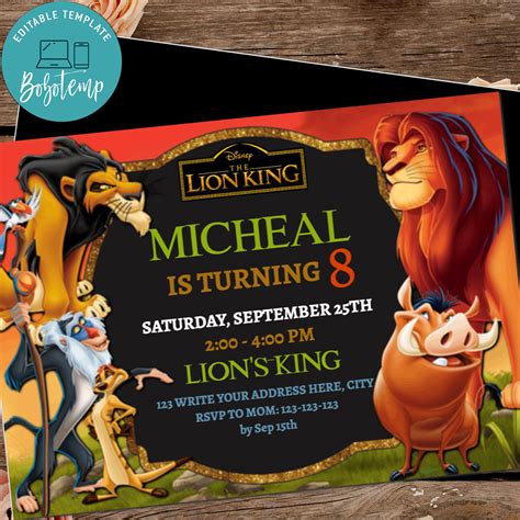 Editable The Lion King Birthday invitations Simba Savanna DIY | Bobotemp