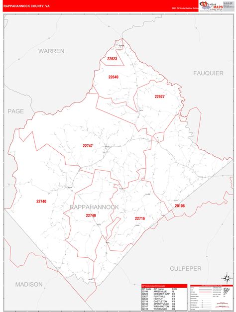 Rappahannock County, VA Zip Code Wall Map Red Line Style by MarketMAPS - MapSales