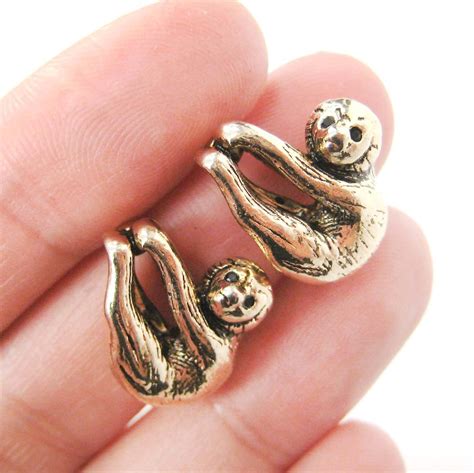 Sloth Shaped Animal Stud Earrings in Shiny Gold | Animal Jewelry