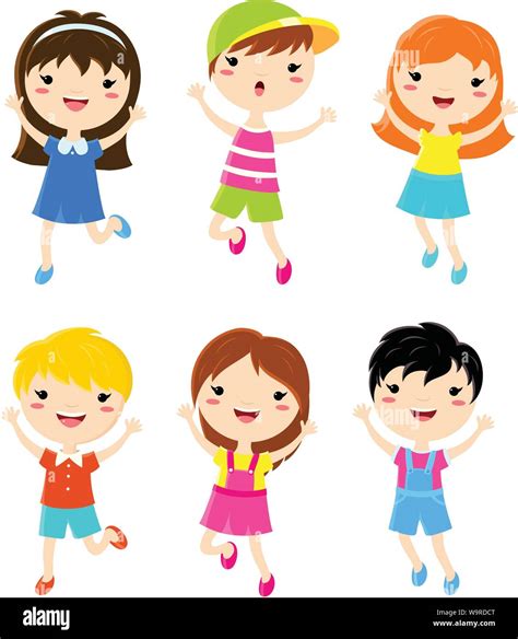 Happy kids jumping. Boys and girls in summer clothes. Vector set of ...