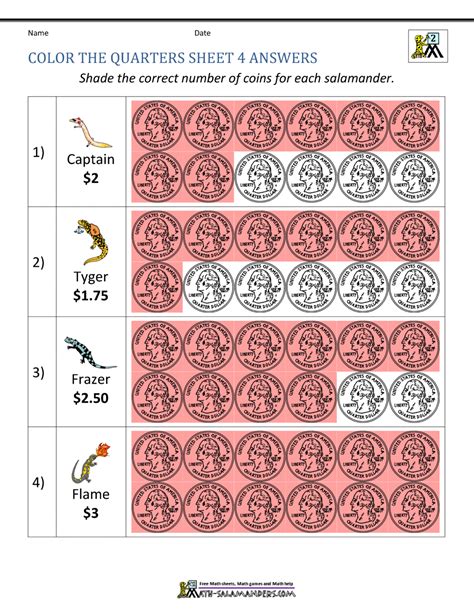 Color the Quarters Sheet 4 Answers in 2020 | Counting quarters, 2nd grade math worksheets ...