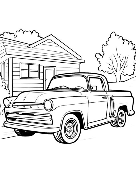 an old pickup truck parked in front of a house with a tree on the side