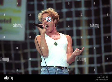 The Who's Roger Daltrey dons a white eye patch decorated with a blue ...