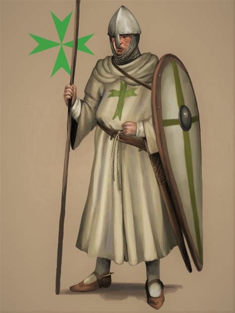 a painting of a man dressed in medieval clothing holding a spear and shield with green stars on it