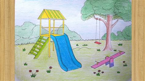 Park Side Scenery Drawing 🎪 Playground Drawing Easy 🏰 Park Drawing Simple. 🦄 Very Easy, Step by ...