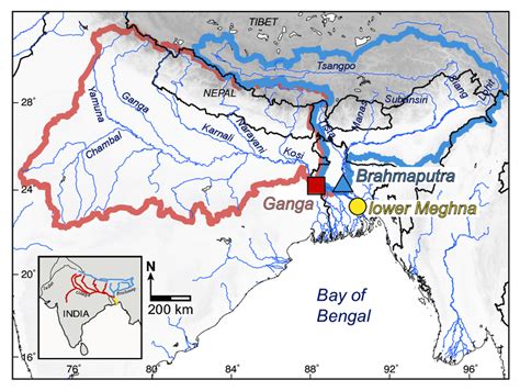 Map of the Ganga and Brahmaputra basins (respectively delimited in red... | Download Scientific ...