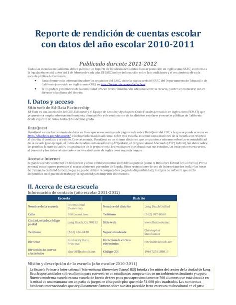 Reporte de rendición de cuentas escolar con datos del año escolar ...