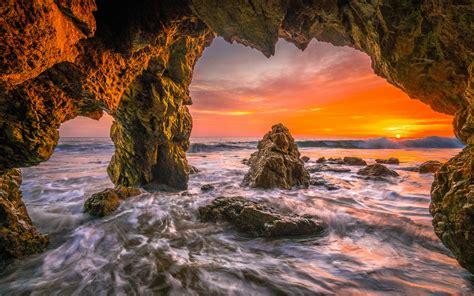 Download Horizon Sun Sunset Sea Ocean Beach Nature Cave HD Wallpaper