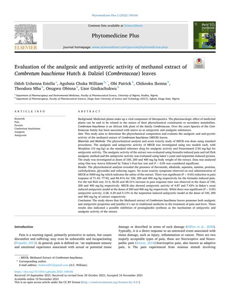 (PDF) Evaluation of the analgesic and antipyretic activity of methanol extract of Combretum ...