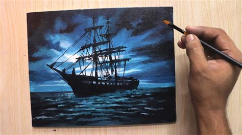 Acrylic painting of Moonlight night sky with a lonely ship - YouTube