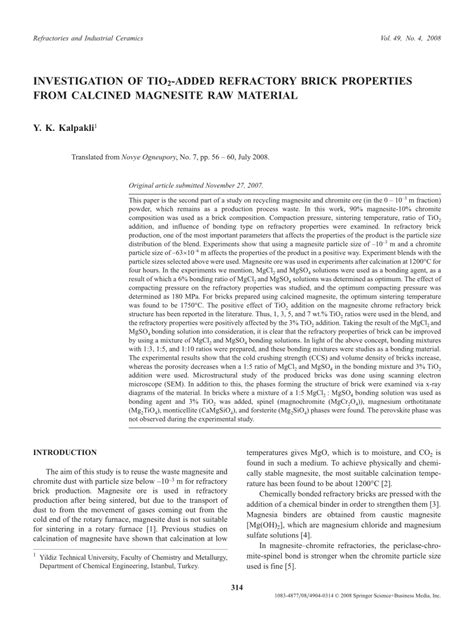 (PDF) Investigation of TiO 2 -added refractory brick properties from calcined magnesite raw material