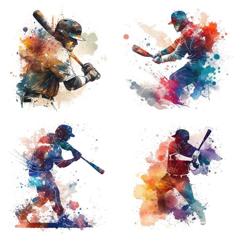 Baseball Player Clipart Set of 4, Printable Art Files Watercolor Clipart Baseball Prints, Sports ...