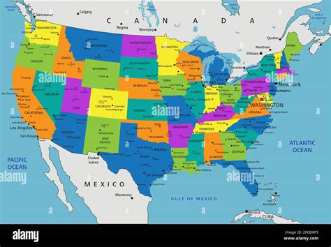 Colorido mapa político de los Estados Unidos de América con capas claramente etiquetadas y ...