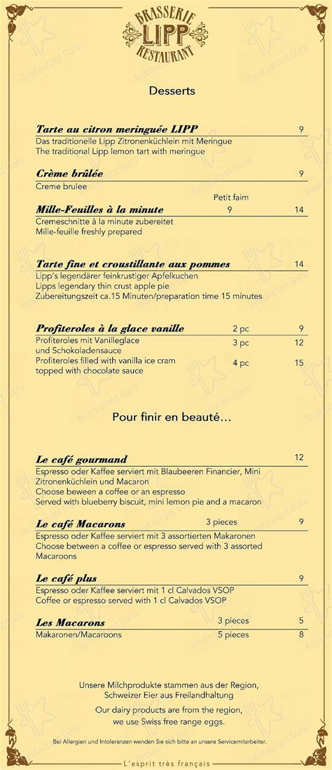 Menu at Brasserie Lipp, Zürich