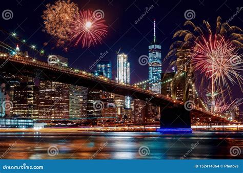 Brooklyn Bridge at Dusk in New York City Colorful and Vibrant Fireworks Editorial Stock Image ...