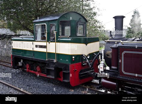 Diesel and steam locomotives on the Ffestiniog Railway at Blaenau Ffestiniog Station, North ...