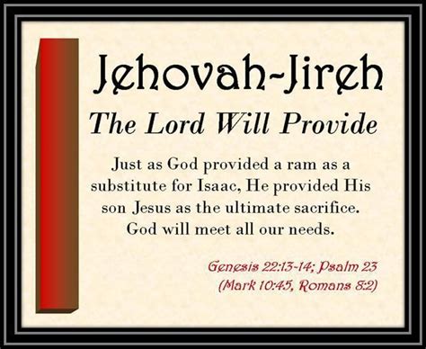 Jehovah-Jireh (One of God's wonderful names) - The Lord Will Provide. I must remember this as we ...