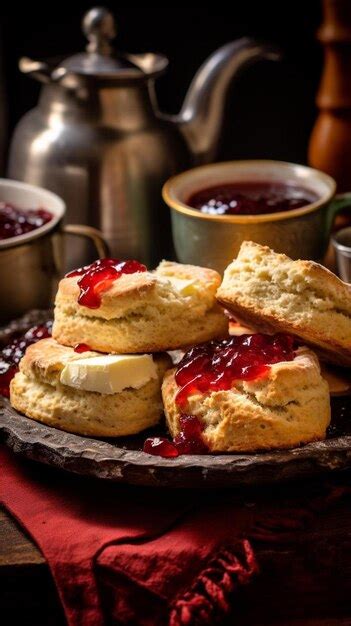 Premium AI Image | a plate of biscuits with jam and jam on it