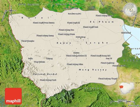 Shaded Relief Map of Battambang, satellite outside