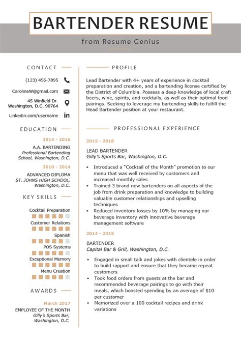 Bartender Resume Example & Writing Guide | Resume Genius | Resume template free, Resume examples ...